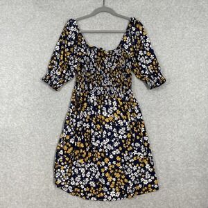 Draper James Floral Smocked Dress Womens XS Blue Stretch Puff Sleeve Cottagecore